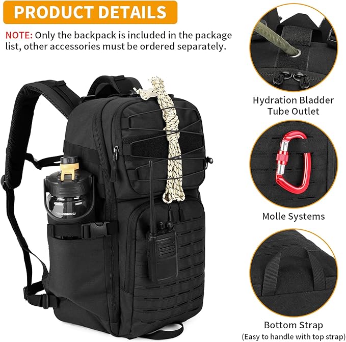 HUNTVP Tactical Backpack for Men 35L Military Backpack MOLLE 1000D Army Daypack 3 Day Bug Out Bag for Work Camping Hiking Outdoor Black