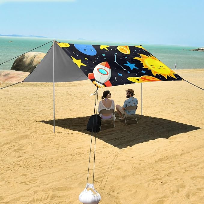 Beach Canopy with Windproof Ropes &amp Sandbags Beach Tent Sun Shade Sun Shelter for Camping Trips Fishing Backyard Fun or Picnics Planets