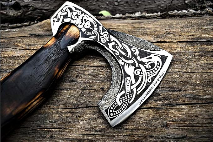 Custom Gift Forged Carbon Steel Viking Axe with Rose Wood Shaft Viking Bearded Camping Axe &amp Hatchet Best Birthday Gift for Him 18 Inches (Medieval Axe)
