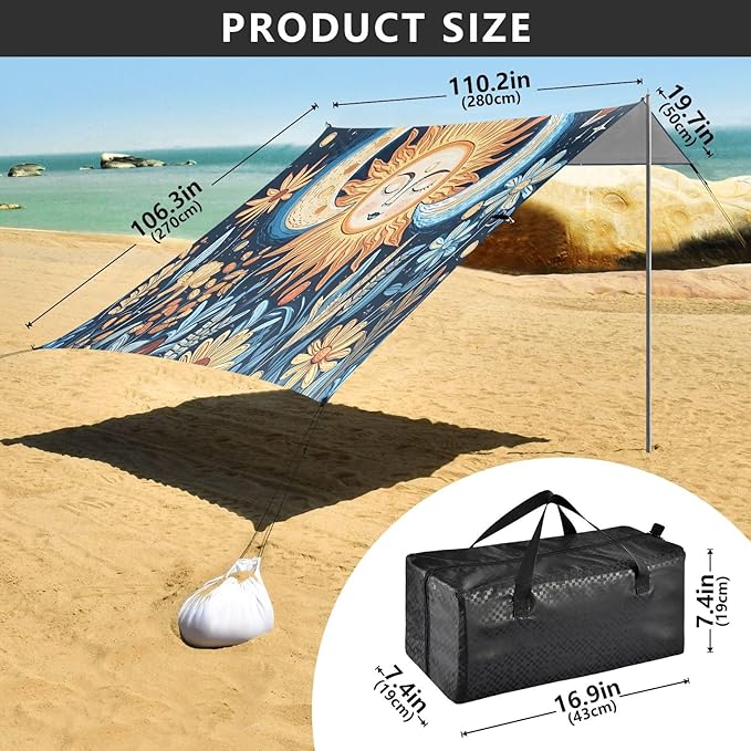 Sun Moon Art Beach Tent Sun Shelter Set UPF50+ UV Protection 10.5 x 9.19 FT Camping Shade Canopy with Sandbags Sand Anchors Carrying Bag and Others