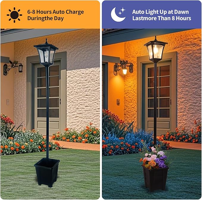 Outdoor Solar Post Lights 59 Dusk to Dawn Solar Lamp Post Waterproof Solar Floor Lamps Warm White Pole Lights with Planter for Patio Backyard Lawn Garden
