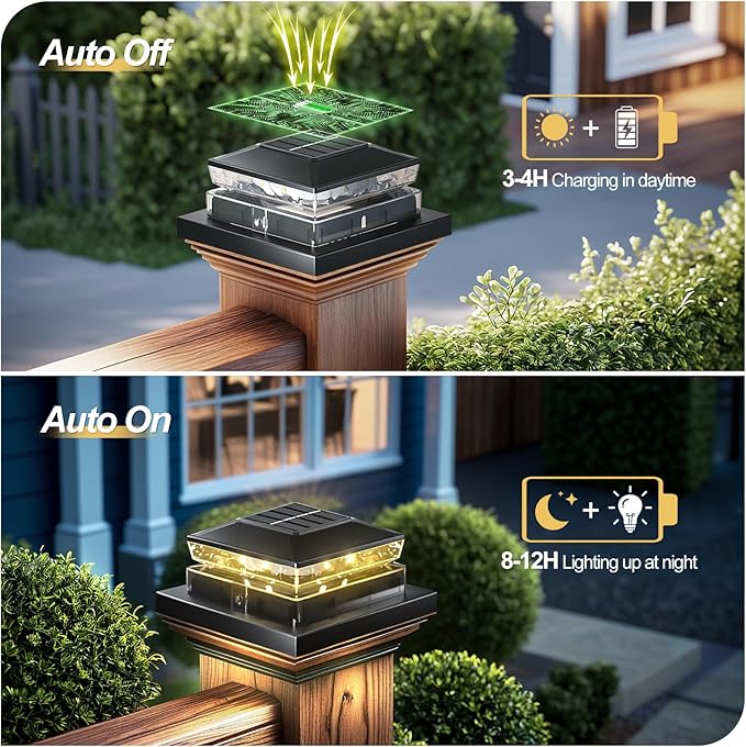 Solar Post Cap Light 8 Packs Waterproof Solar Powered Fence Light 4x4 IP65 Black Outdoor Post Solar Lights for Deck Garden &amp Patio Lights for 3.5x3.54x45x5 Wood &amp Vinyl Posts Warm White Li