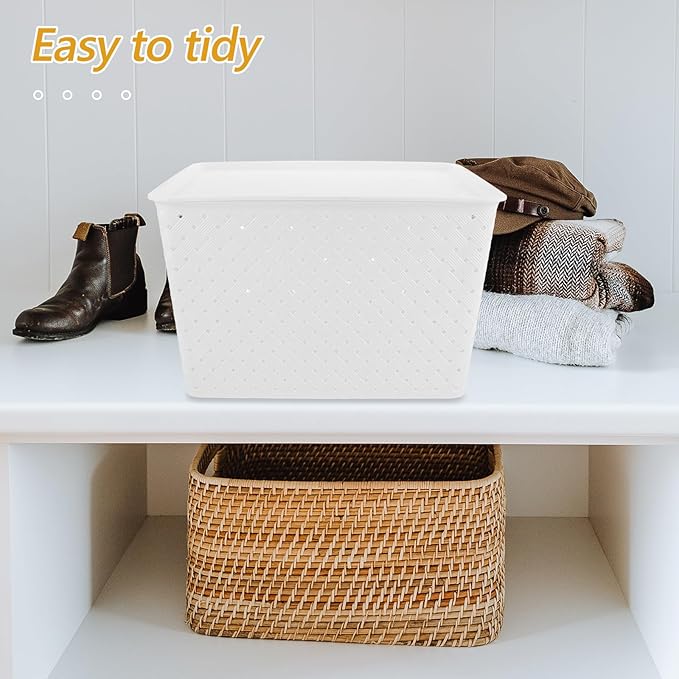 Plastic Storage Bins White Organizer Basket with Lid and Handles Woven Design Storage for Pantry Shelves Closet Playroom Classroom and Office