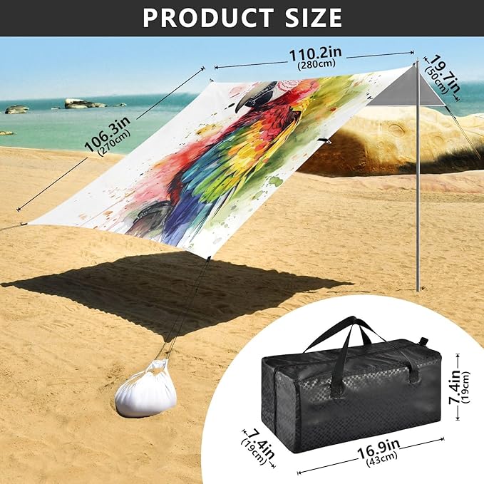 ALAZA Parrot Portrait Beach Tent Sun Shelter UPF50+ Protection Beach Shade Canopy w/ 4 Sandbags for Outdoor Camping Fishing Backyard Fun Picnic 10x9 ft