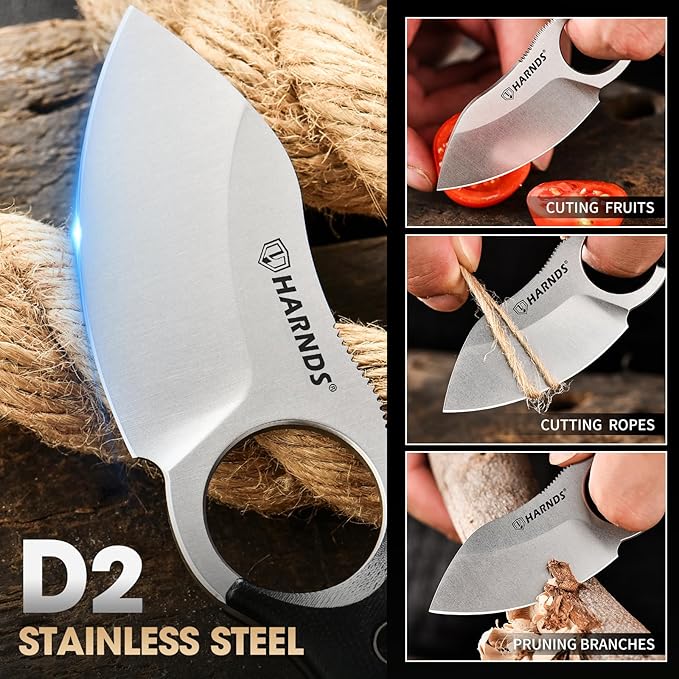 Harnds Small Fixed Blade Knife Full Tang Neck Camping Knife EDC with D2 Steel Blade and G10 Handle for Fishing and Skinning Eggplant