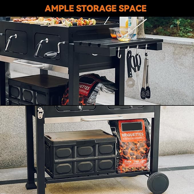 ONLYFIRE GRILLS Large BBQ Charcoal Grill with Cart &amp 2 Liftable Charcoal Trays 794 SQ.IN Cooking Area Heavy Duty Outdoor Barbecue Grill with Foldable Side Tables Wheels &amp Cover GS339