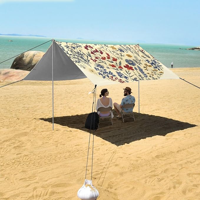 Spring Flowers Daffodil Iris Succulent Plants Beige Foldable Beach Canopy UPF50+ Protection Water-Resistant Sun Shelter with Sandbags &amp Sand Shovel for Backyard and Camping