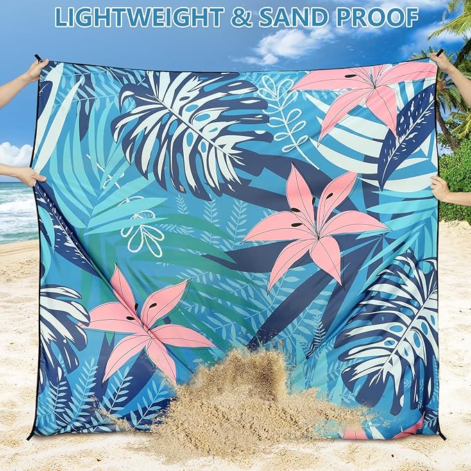 Beach Blanket Waterproof Sandproof Beach Mat 79 X 83/10'x9'for 2-8 Adults Quick Drying Outdoor Picnic Mat Beach Accessories for Travel Camping Hiking