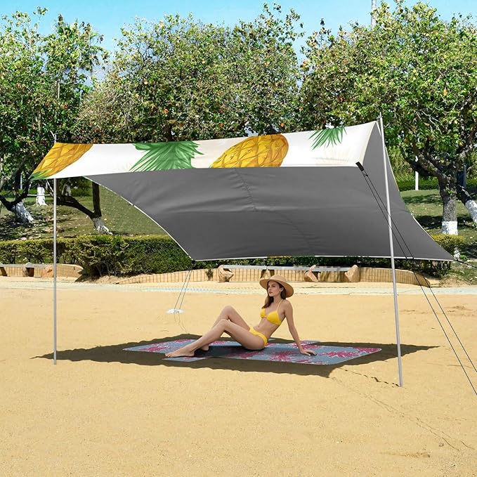 Beach Canopy with Windproof Ropes &amp Sandbags Beach Tent Sun Shade Sun Shelter for Camping Trips Fishing Backyard Fun or Picnics Pineapple and Coconut