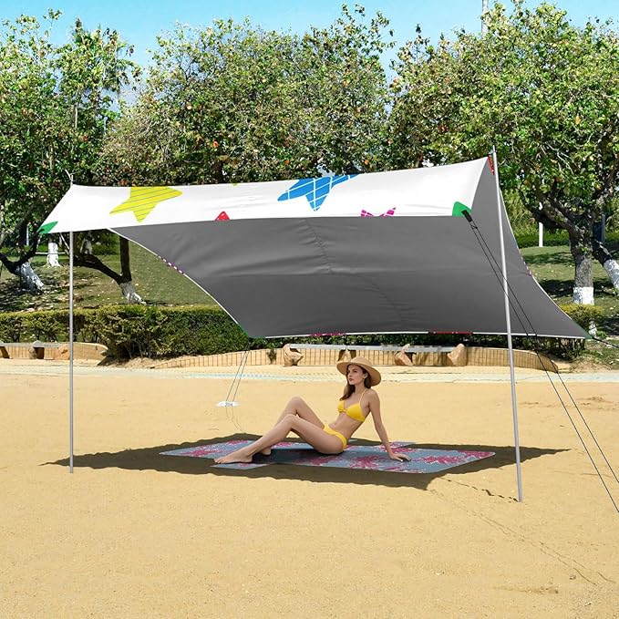 xigua Star Beach Tent Sun Shelter with Carrying Bag - Silver Coated Oxford Fabric Beach Canopy for Beach Camping Fishing - Includes Windproof Ropes Sandbags &amp Stakes
