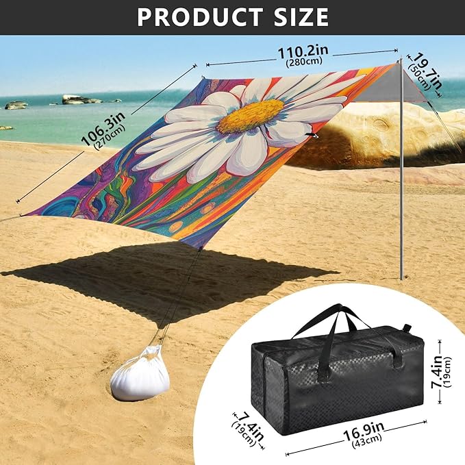 ALAZA Daisy Groovy Spring Trippy Plant Beach Tent Sun Shelter Portable Canopy Sunshade for Outdoor Camping Picnics Backyard Fun 10x9 ft