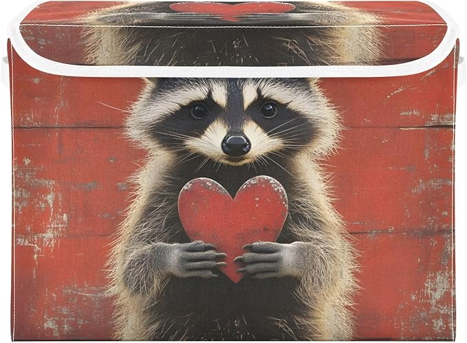 AIXIWAWA Lidded Storage Cube (Heart Raccoon) Fabric Foldable Closet Bins with Flip Lid and Handles Organizer Basket Container 16.5 x 12.6 x 11.8 IN