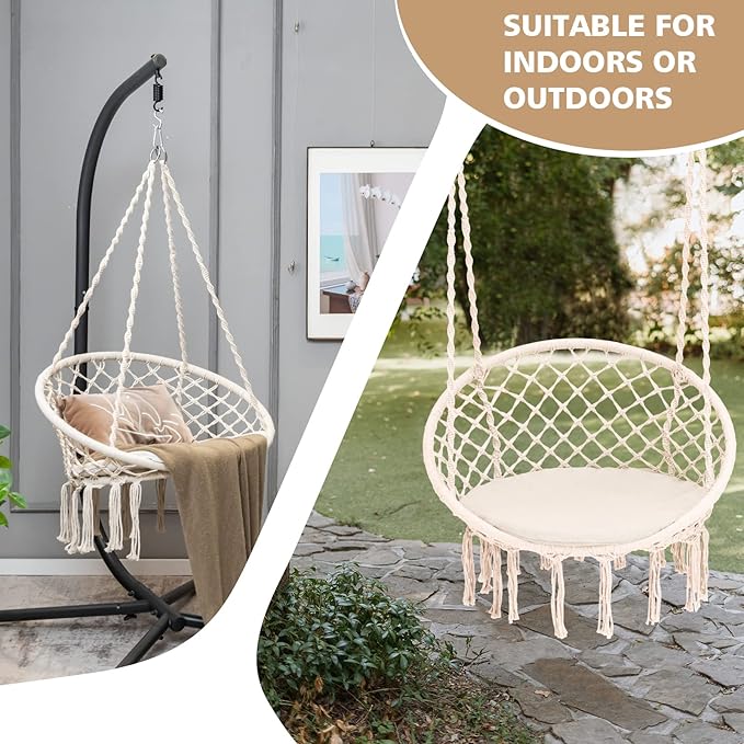 Giantex Hammock Chair Macrame Swing - Hanging Chair with Cushion and Hardware Kit 330 LBS Weight Capacity Indoor Swing for Hammock Stand Patio Balcony Living Room Hammock Swing (Beige)