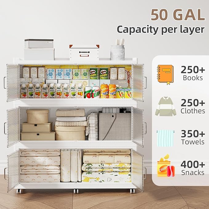 SAILUN 240Gal Extra Large Stackable Storage Bins with a Lid Collapsible Storage Bins With Doors and Wheels Foldable Storage Cabinet for Garage Closet Organization White 3Pack