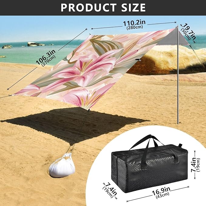 ALAZA Pink Golden Lily Summer Beach Tent Sun Shelter Portable Canopy Sunshade for Outdoor Camping Picnics Backyard Fun 10x9 ft