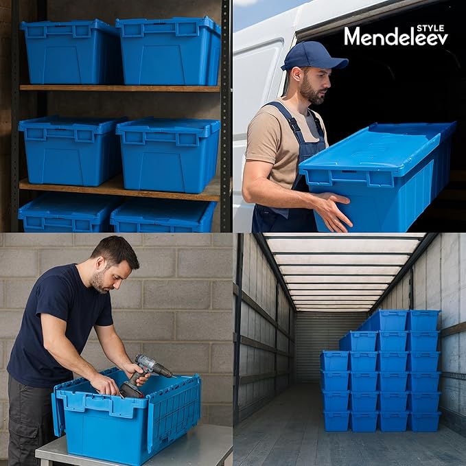 1 PCS 16.5 Gallon Industrial Distribution Tote with Hinged Attached Lid – Stackable &amp Nestable Reusable Heavy-Duty Transport Container for Warehouse Logistics and Moving Use