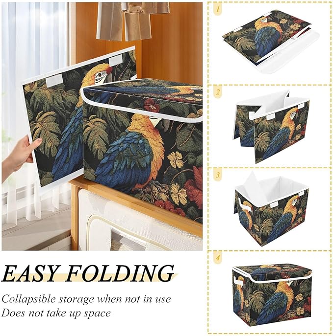 Storage Cube with Lid Jungle Parrot Print 16.5×12.6×11.8 IN Collapsible Large Capacity Foldable Storage Basket Bin Organizer