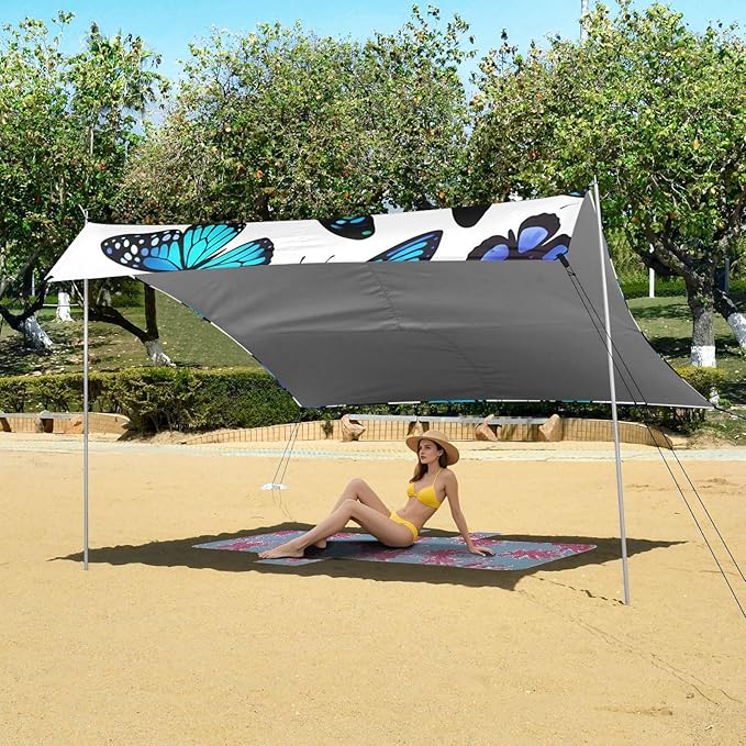 Beach Canopy with Windproof Ropes &amp Sandbags Beach Tent Sun Shade Sun Shelter for Camping Trips Fishing Backyard Fun or Picnics Blue Butterfly