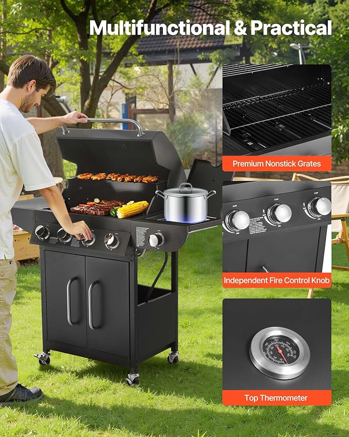 VEVOR Gas Grill 4 Burner Propane Gas Grill with Side Burner 425 SQ.In Grilling Area Carbon Steel Enamel Grates Outdoor 52000 BTU Patio Garden BBQ Grills with Two Side Shelves Carbon Steel