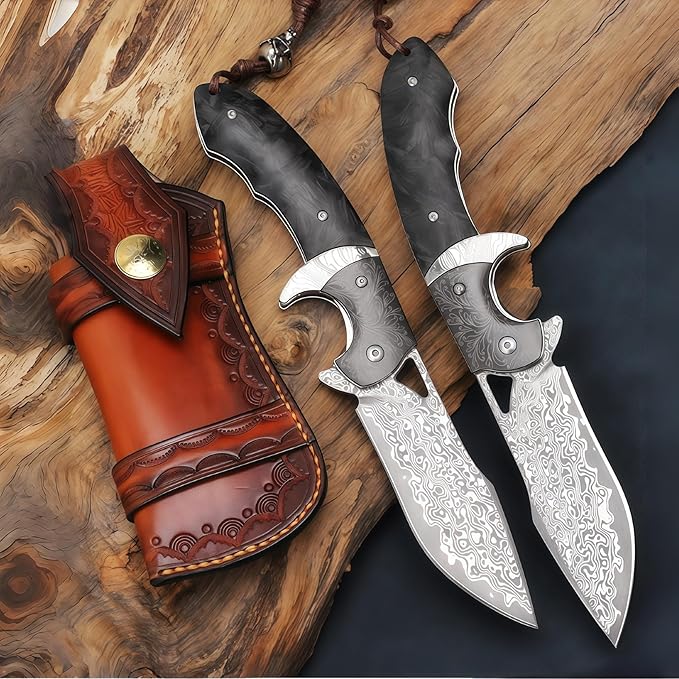 Knives Outdoor Gear Knives 67-Layer Damascus Steel Folding Knife HRC 60 Hand-Carved Vegetable-Tanned Leather Sheath Carbon Fiber Handle Folding Knife Gift Ideas for Men