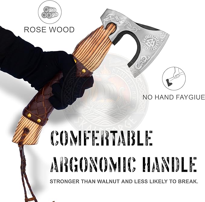 Hand Forged Carbon Steel Viking Style Bearded Axe with Leather Sheath - Real Hatchet Throwing &amp Camping Axe with Leather Wrap Best Gift for Wedding Anniversary Valentines Day Birthday Gift for