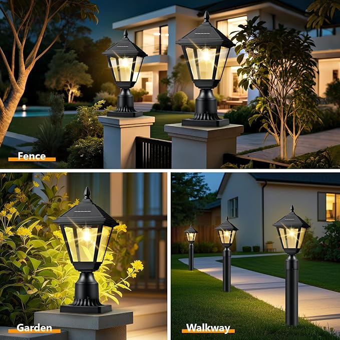 Solar Lamp Post Light 3000K Dusk to Dawn Solar Post Lights with Pier Mount Base Waterproof Outdoor Post Lantern Aluminum &amp Glass Housing for Garden Yard Pole Pillar