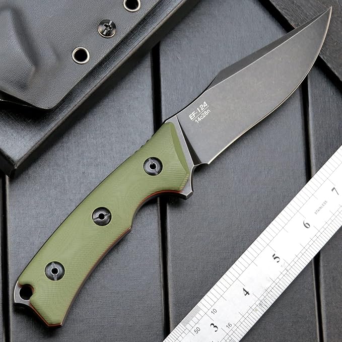 Eafengrow EF124 Fixed Blade Knife 14c28n Steel Blade Coated Black Titanium G10 Handle Fixed Knife for Outdoor Camping Hunting Survival EDC Tool Knives with Kydex Sheath(Army Green)