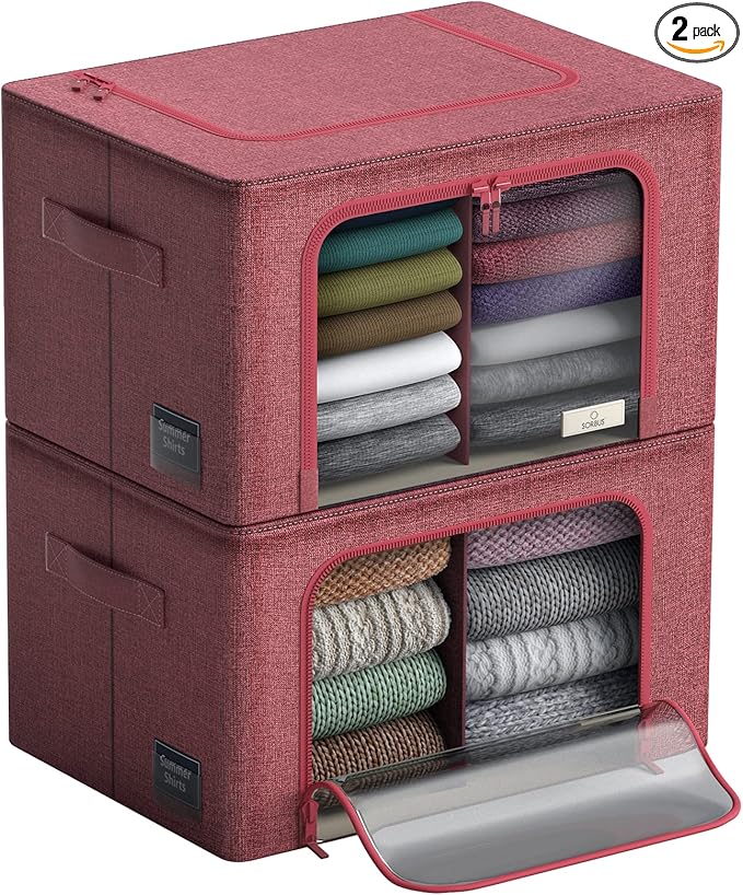 Sorbus Storage Bins with Divided Interior - Large Stackable &amp Foldable Organizer Containers with Metal Frame Oxford Fabric Large Window &amp Carry Handles - Organization for Bedroom Linens &am