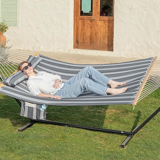 GAFETE 2 Person Hammock with Stand for Outside Heavy Duty Steel Stand Double 55inch Hammocks Large Removable Pillow Storage Bags Max 475 lbs Capacity (Mountain Mist Gray)