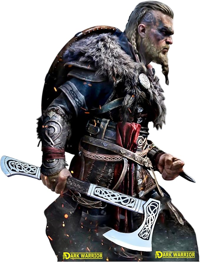 [DARK WARRIOR] Authentic Medieval Assassin's Creed Valhala Viking Battle Eivor AxeFully Functional Hand Forged Carbon Steel with Engraving Wood Shaft Personalised Gift for Viking &amp Gaming Lovers