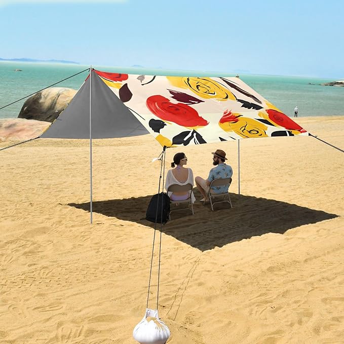 ALAZA Yellow &amp Red Rose Flowers Beach Tent Sun Shelter UPF50+ Protection Beach Shade Canopy w/ 4 Sandbags for Outdoor Camping Fishing Backyard Fun Picnic 10x9 ft