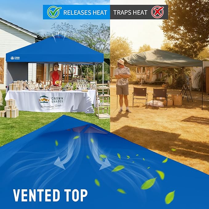 CROWN SHADES 10x10 Pop Up Canopy with 1 Side Wall - Beach Tent with One Push Setup - Outdoor Sun Shade for Events Parties Camping - Gazebo with STO-N-Go Cover Bag (Blue)