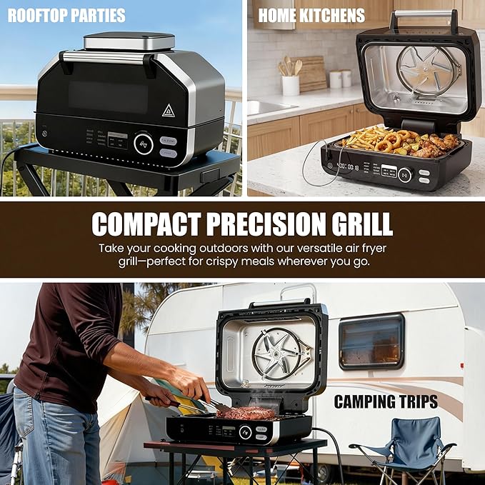 OLIXIS Electric Grill Outdoor/Indoor 8-in-1 Multifunctional Large Electric BBQ Grill for Air Fry Bake Roast Steak Broil and Dehydrate Safe Non-Stick Coating Fry Basket Included