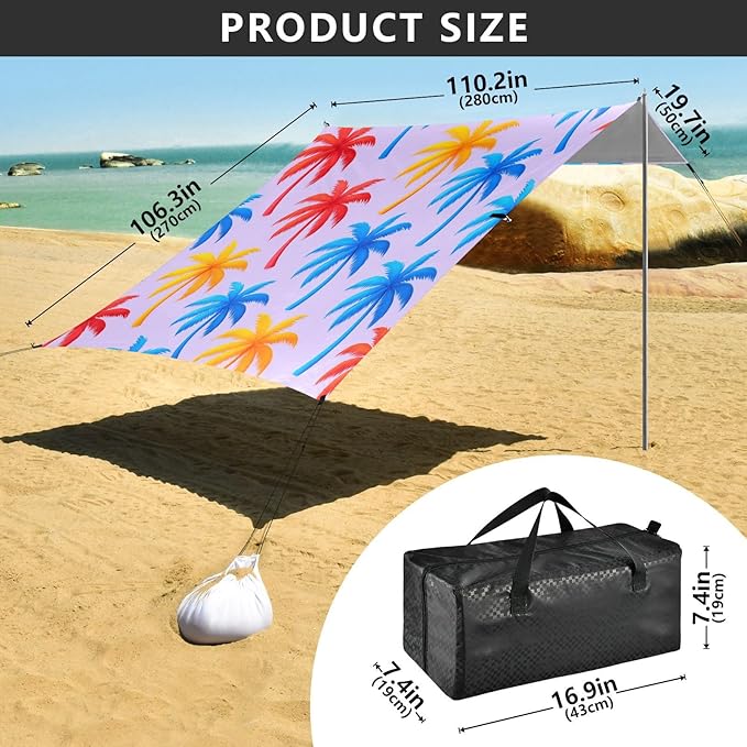 xigua Palm Trees Beach Tent Sun Shelter with Carrying Bag - Silver Coated Oxford Fabric Beach Canopy for Beach Camping Fishing - Includes Windproof Ropes Sandbags &amp Stakes