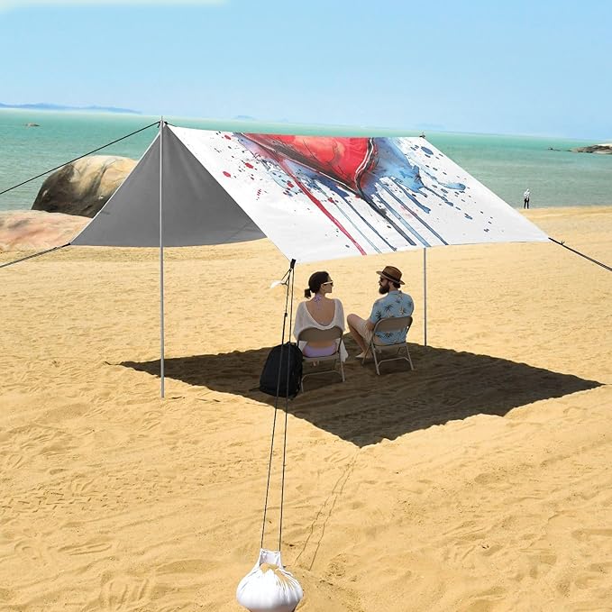 ALAZA Red Heart Watercolour Beach Tent Sun Shelter UPF50+ Protection Beach Shade Canopy w/ 4 Sandbags for Outdoor Camping Fishing Backyard Fun Picnic 10x9 ft