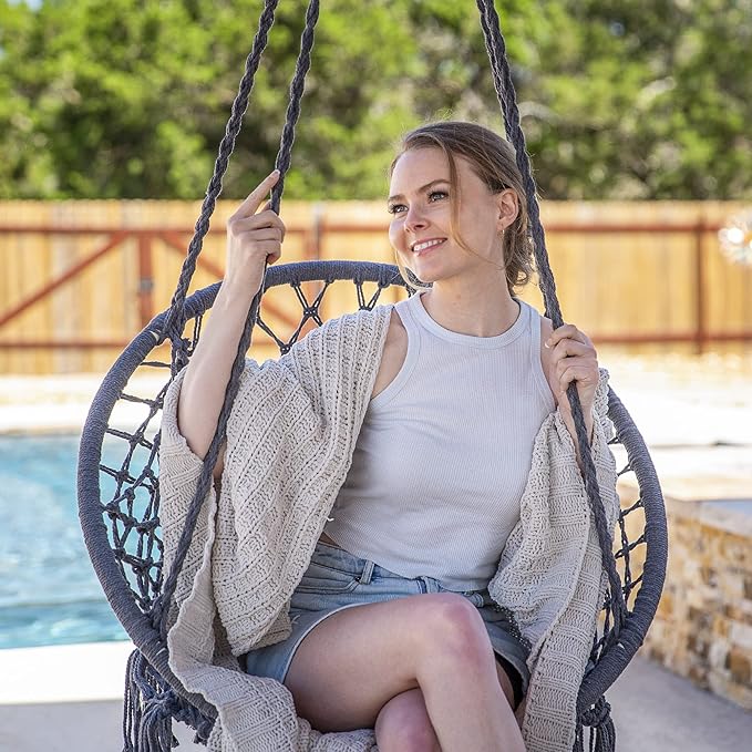 SUNCREAT Hammock Chair Hanging Macrame Swing with Hardware Kits Max 330 Lbs Handmade Knitted Mesh Rope Swing Chair for Indoor Outdoor Bedroom Patio Yard Garden Pack of 2 Grey
