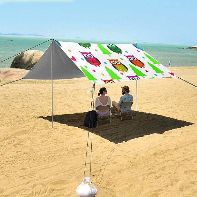 xigua Cartoon Owls Beach Tent Sun Shelter with Carrying Bag - Silver Coated Oxford Fabric Beach Canopy for Beach Camping Fishing - Includes Windproof Ropes Sandbags &amp Stakes