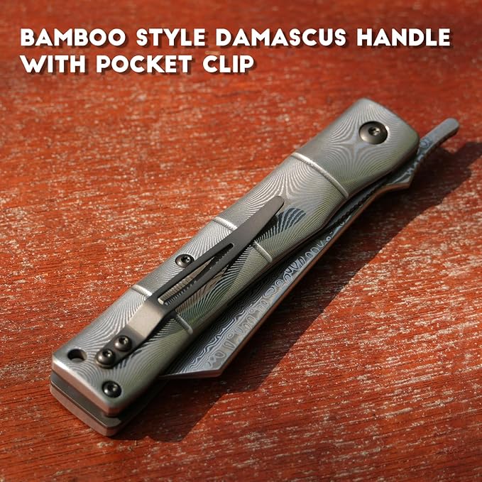 KATSU Handmade Full Damascus Pocket Knife3 Damascus Blade Bamboo Style Men Women Folding Knife with Clip Linner Lock Japanese Razor Work Knife with Leather Sheath Camping Hiking