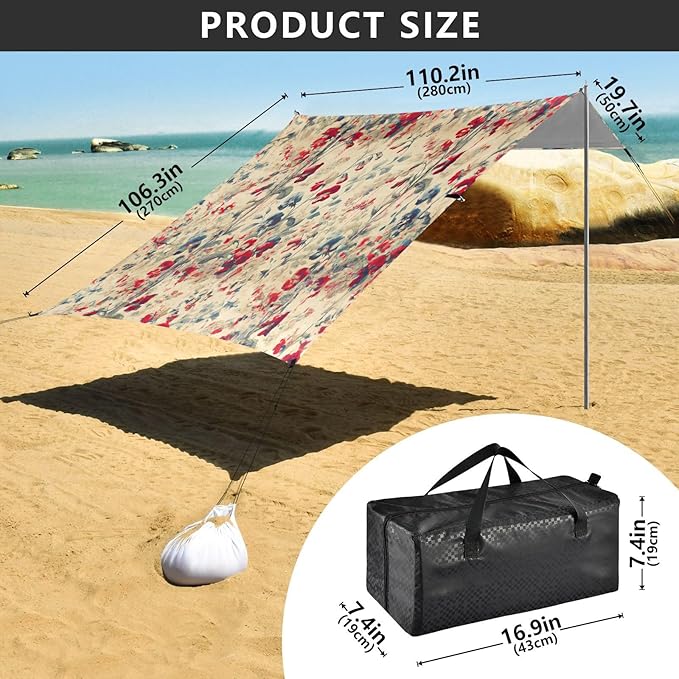 Vintage Sweet Pea Floral Beach Tent Sun Shelter Set UPF50+ UV Protection 10.5 x 9.19 FT Camping Shade Canopy with Sandbags Sand Anchors Carrying Bag and Others