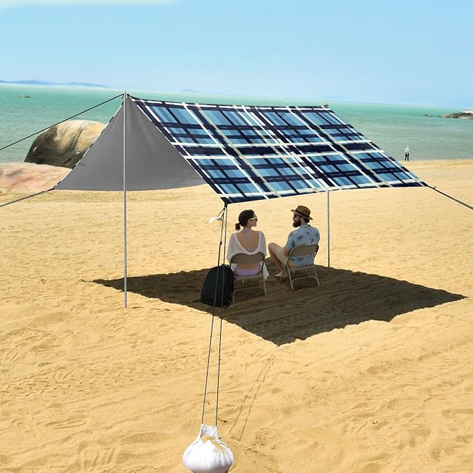 xigua Plaid Pattern Beach Tent Sun Shelter with Carrying Bag - Silver Coated Oxford Fabric Beach Canopy for Beach Camping Fishing - Includes Windproof Ropes Sandbags &amp Stakes