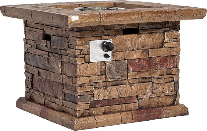 32 Outdoor Propane Fire Pit Square Stonecrest Gas Firepit for Outside Patio Concrete Propane Fire Table 50000 BTU Gas Fire Pits with Lava Rocks CSA Certified Blue Fire Glass