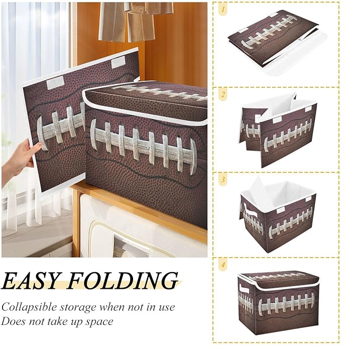 Storage Bins with Lids American Football Laces Foldable Storage Boxes with Handles Sport Ball Large Storage Basket Collapsible Organizer Containers for Closet Home Bedroom Office