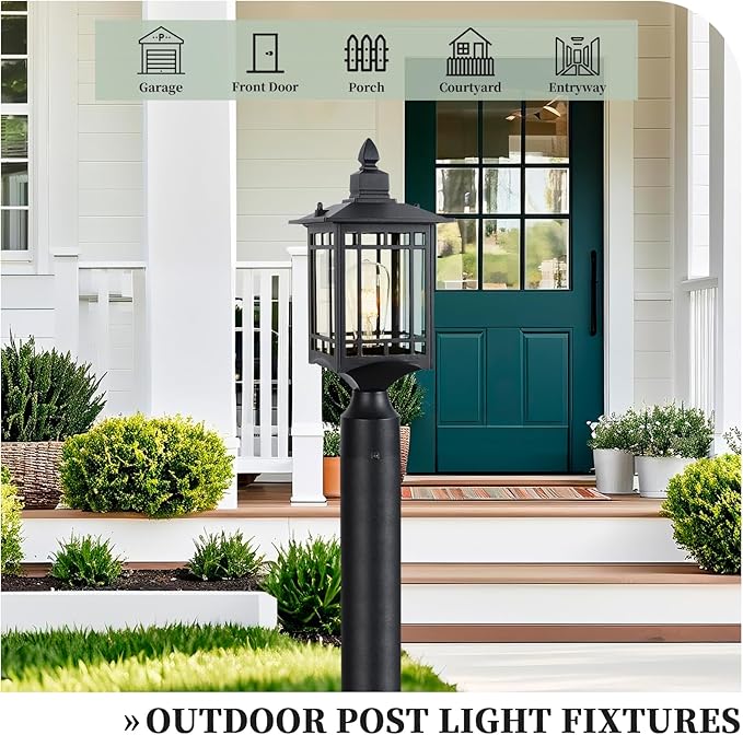 Outdoor Post Light17in Matte Black Lamp Post Light Fixture Waterproof Aluminum Housing with GlassOutdoor Lighting Pole Lantern for Outside Yard Patio Pathway Garden Deck Hard Wired