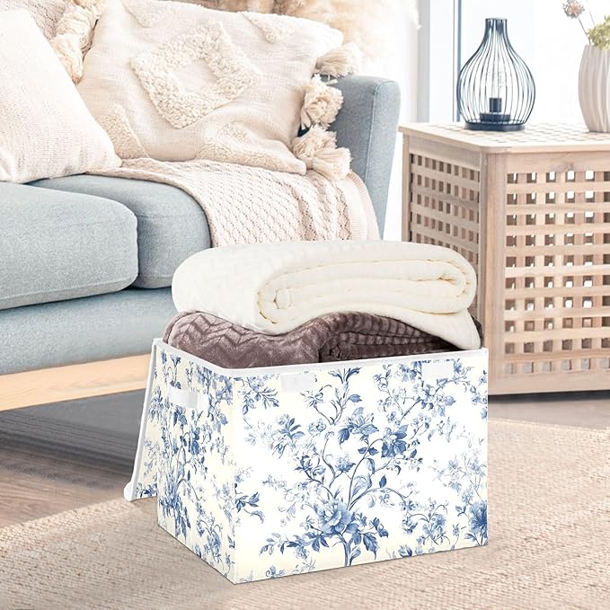 Blue White Flower Pattern Large Storage Bins with Linen Foldable Storage Cubes Fabric Closet Organizer Containers box with Flip-Top Lid for Home Office 16.5 x 12.6 x 11.8 IN