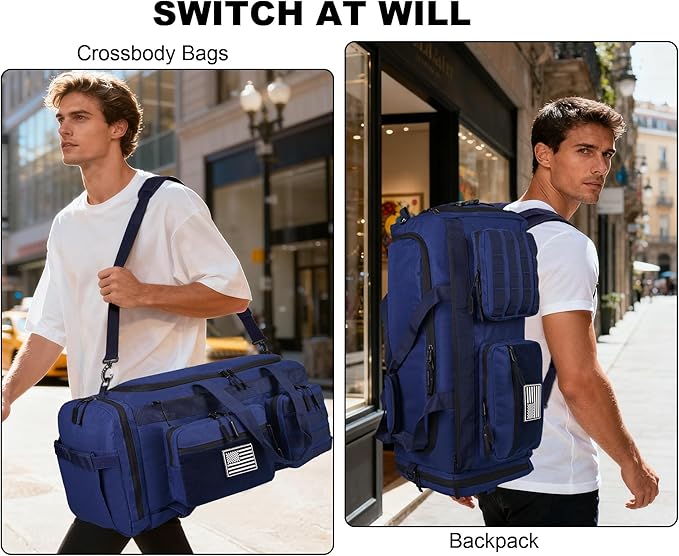 LHI 50L Tactical Duffle Bag for Men 3-in-1 Gym Duffle and Backpack Shoe Compartment Laptop Sleeve and MOLLE Carry-On Travel Weekender and Overnight Bag – Blue
