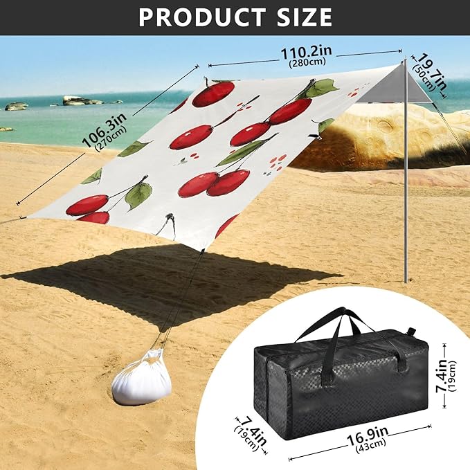 ALAZA Red Cherry Pattern Beach Tent Sun Shelter Portable Canopy Sunshade for Outdoor Camping Picnics Backyard Fun 10x9 ft