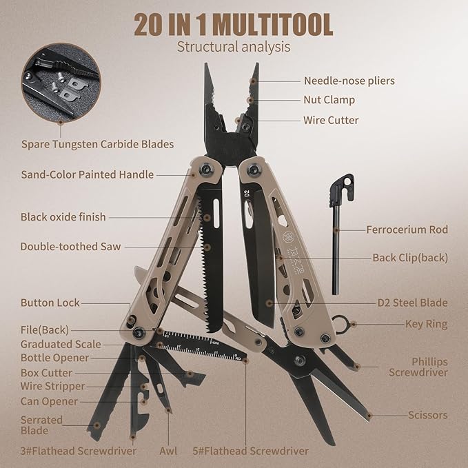 Light Seeking multitool 20-in-1 EDC Multi tool with Needle Nose Pliers and Wire Stripper Tools Gifts for Men Survival and Camping Gear D2 Steel sand (Light Seeking D2 steel sand)