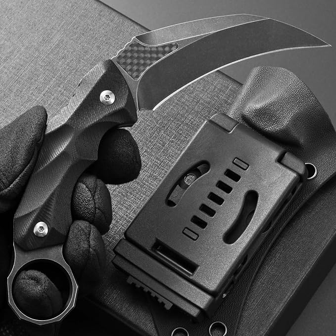 Ccanku C1692 Carbon Fiber Fixed Blade KnifeD2 Steel G10 Handle 4 Inches Camping EDC Tools Survival Claw Teeth Knife with Kydex Sheaths(Black) … …