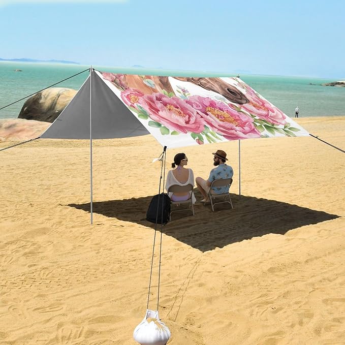 ALAZA Horse Peony Flower Floral Beach Tent Sun Shelter UPF50+ Protection Beach Shade Canopy w/ 4 Sandbags for Outdoor Camping Fishing Backyard Fun Picnic 10x9 ft
