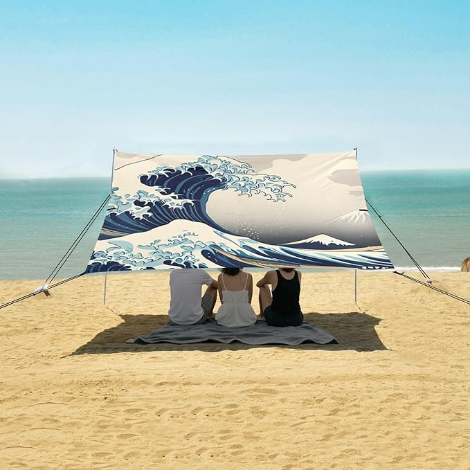 Beach Canopy with Windproof Ropes &amp Sandbags Beach Tent Sun Shade Sun Shelter for Camping Trips Fishing Backyard Fun or Picnics Waves